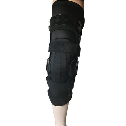 Black anterior ligament knee supporter showing adjustable straps and anatomical shape for left or right leg.