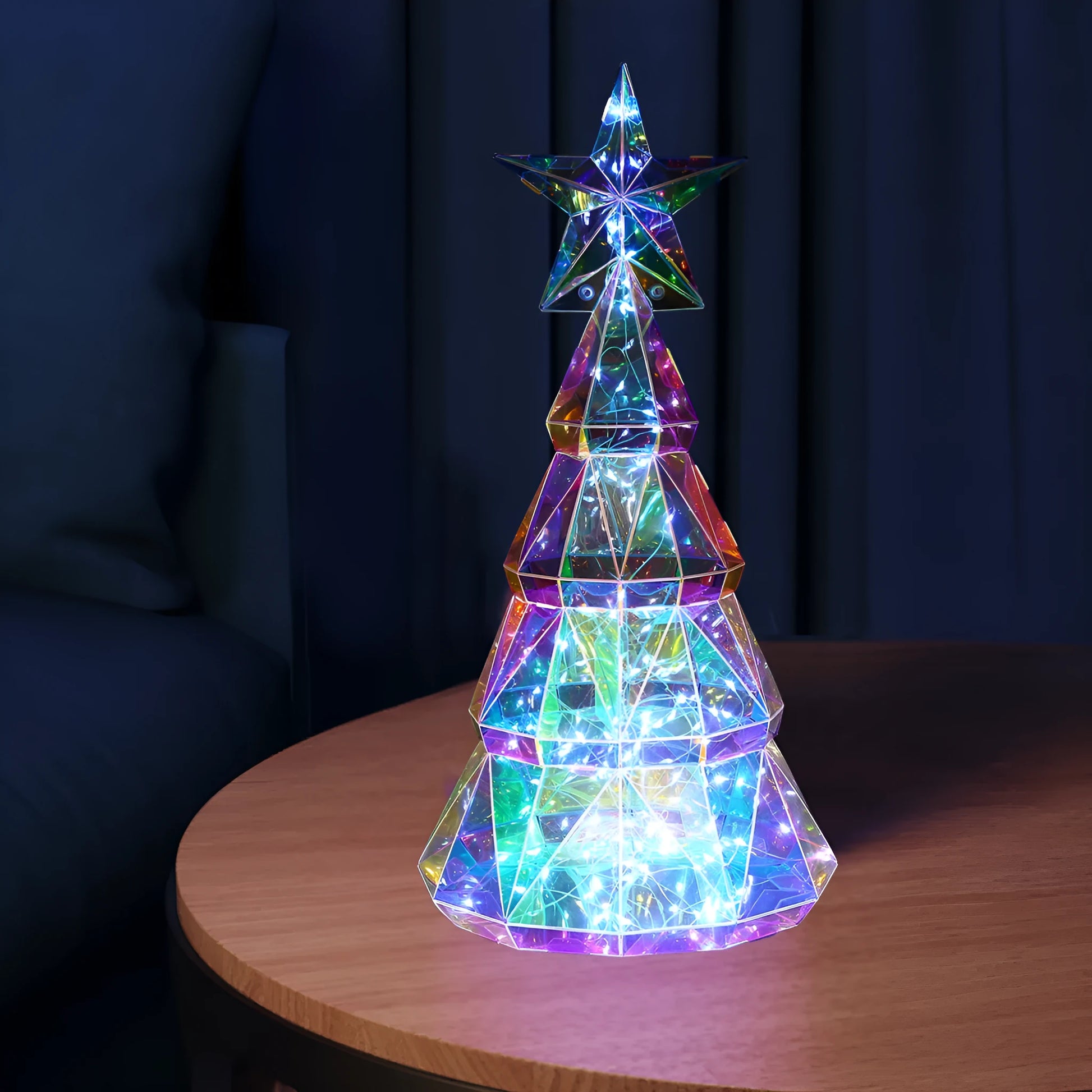 Colourful cartoon-style LED Christmas tree light on a table, showing its 20cm height and PET plastic construction.