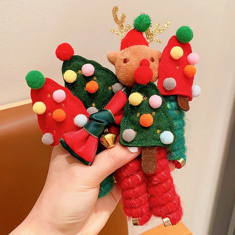 Festive Christmas-themed hair ties with cute designs like bells, trees, and reindeer for kids