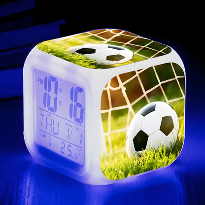 Football pattern digital alarm clock with mute function in compact square design