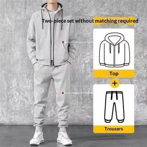 Men's cotton zip-up hoodie and long pants set in black or gray, casual spring tracksuit, sizes M to 4XL