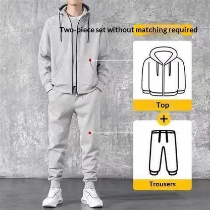 Men's cotton zip-up hoodie and long pants set in black or gray, casual spring tracksuit, sizes M to 4XL