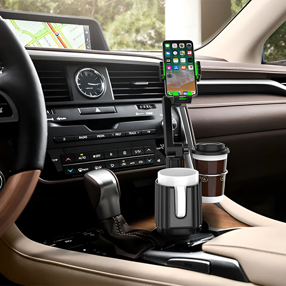 Green car organiser holder for drinks, kettles, and phones with 3.0kg capacity and ABS/PC construction