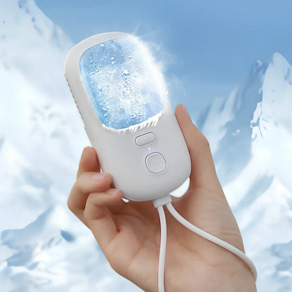 White USB neck fan with flexible band and ice muscle repair function showing 3-speed control
