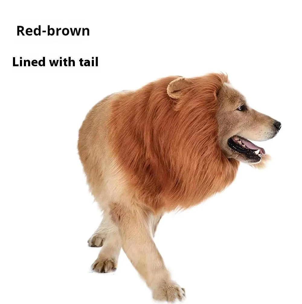 Dog wearing a lion mane headdress costume in light brown with an elastic neckband.