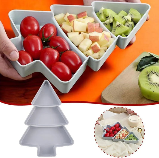 Christmas tree shaped plastic platter with divided sections for snacks and desserts