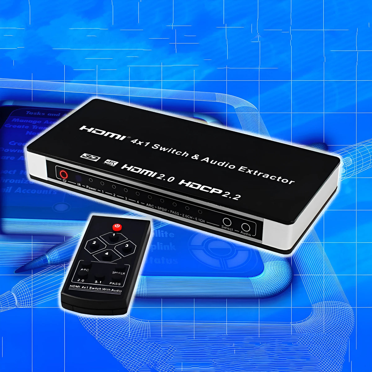Black HDMI switch with remote control showing 4 HDMI inputs and 1 output for video switching with audio separation