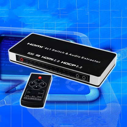 Black HDMI switch with remote control showing 4 HDMI inputs and 1 output for video switching with audio separation