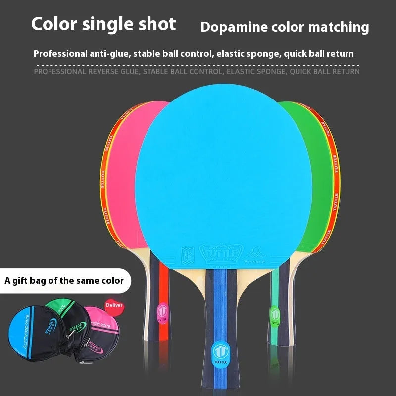 Single pack table tennis racket with high-elastic wood blade and racket cover, shown with pink shakehand grip.