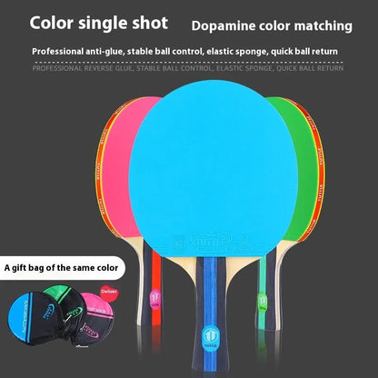 Single pack table tennis racket with high-elastic wood blade and racket cover, shown with pink shakehand grip.