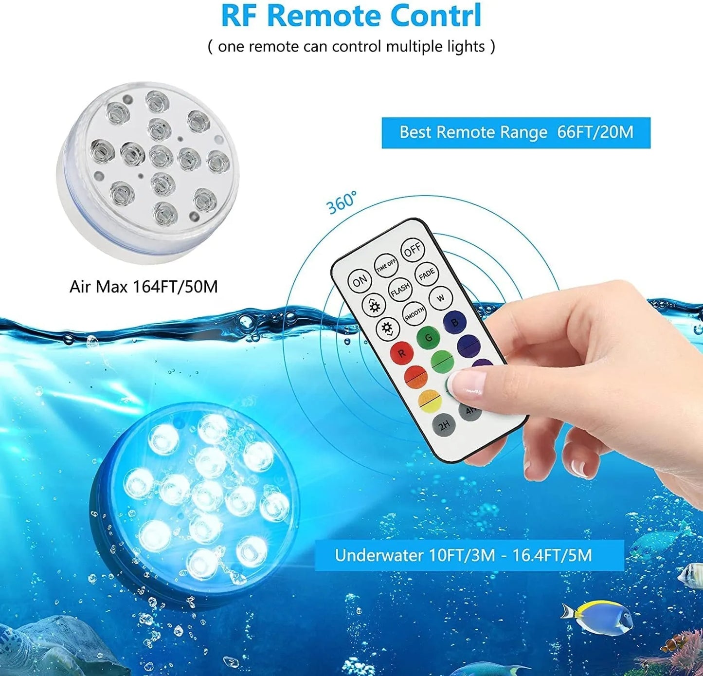 Small round submersible LED light with remote control on pond stones, showing blue and green colour change.