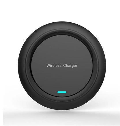 Round desktop wireless charger showing black and white colour options with USB cable