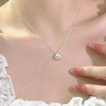 Rose pearl necklace for women with pearl pendant on copper cross chain, geometric circle ring design, 41-50cm