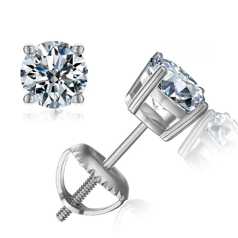 Silver four claw screw back moissanite stud earrings with geometric stone on a 7mm wide setting.