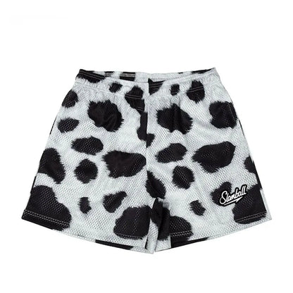 Men's leopard print quick-dry polyester sports shorts for basketball and fitness training
