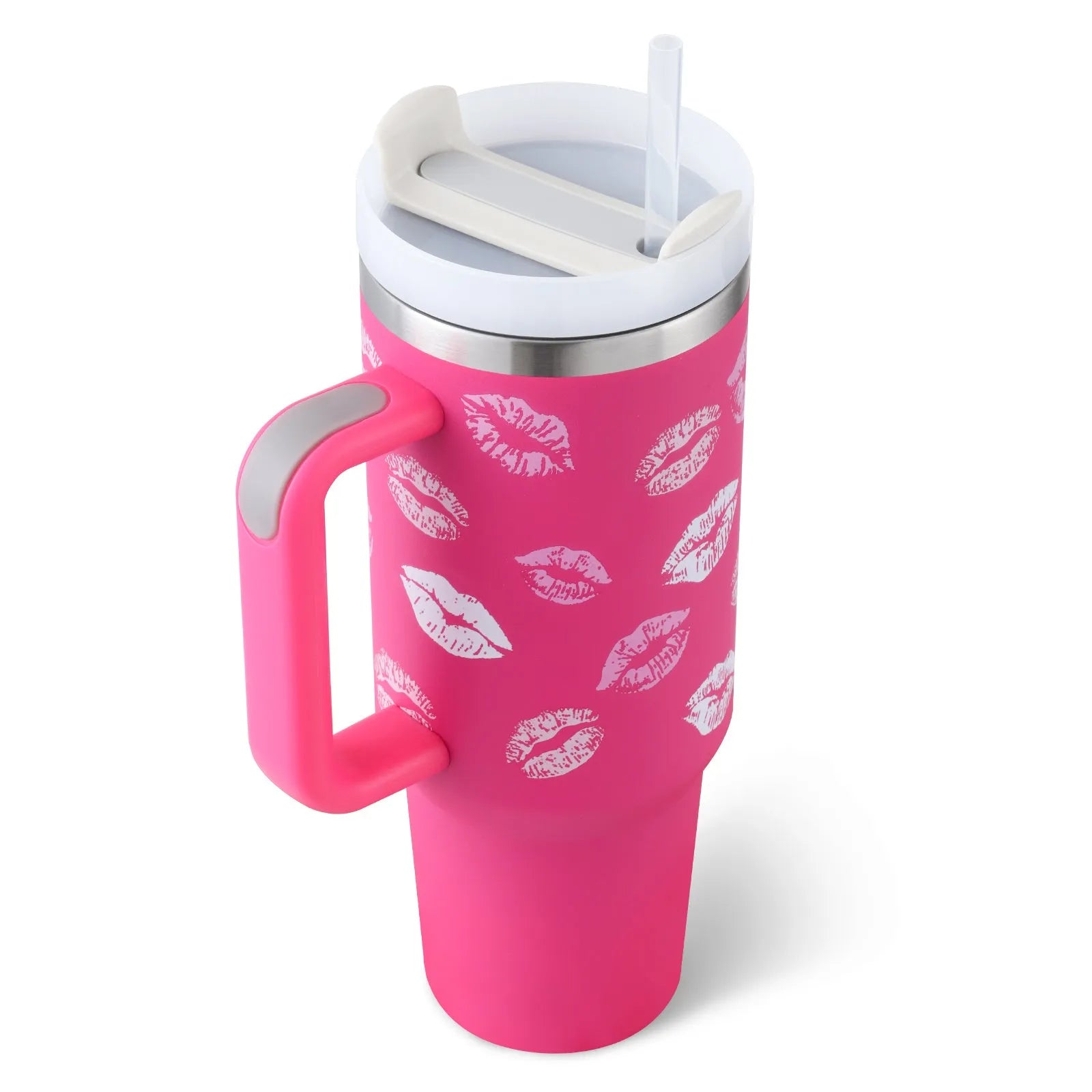 40oz stainless steel tumbler with handle and straw in various colour options showing tapered shape and spill-proof lid