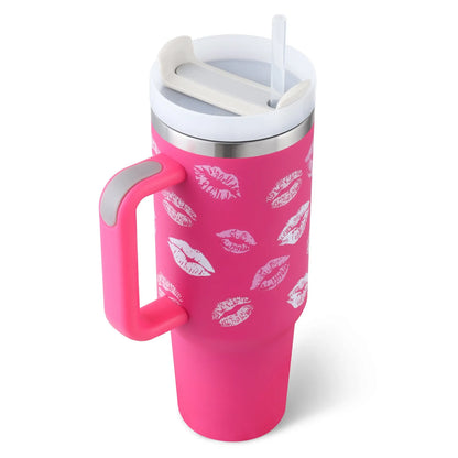 40oz stainless steel tumbler with handle and straw in various colour options showing tapered shape and spill-proof lid
