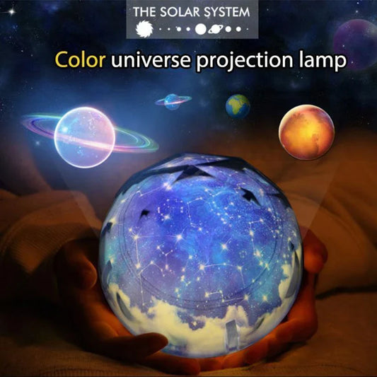 Celestial Lamp with rotating projection of stars, planets, and cosmic phenomena onto walls and ceiling