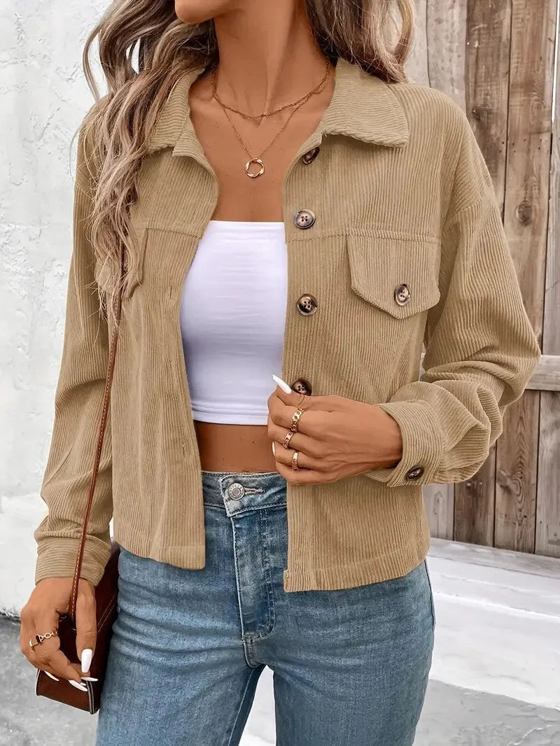 Women's retro artistic long sleeve button shirt jacket in polyester, shown in apricot colour.