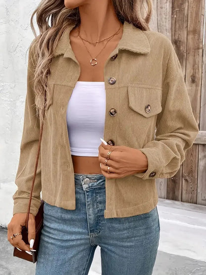 Women's retro artistic long sleeve button shirt jacket in polyester, shown in apricot colour.