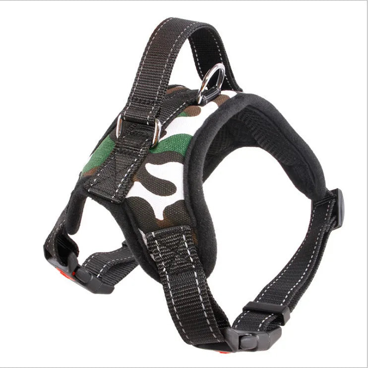Explosion-proof polyester dog chest harness in black with saddle chest strap for medium and large dogs, sizes XS to XL