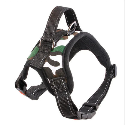 Explosion-proof polyester dog chest harness in black with saddle chest strap for medium and large dogs, sizes XS to XL