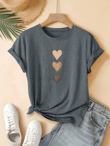 Women's art retro pure cotton short sleeve T-shirt in blue.