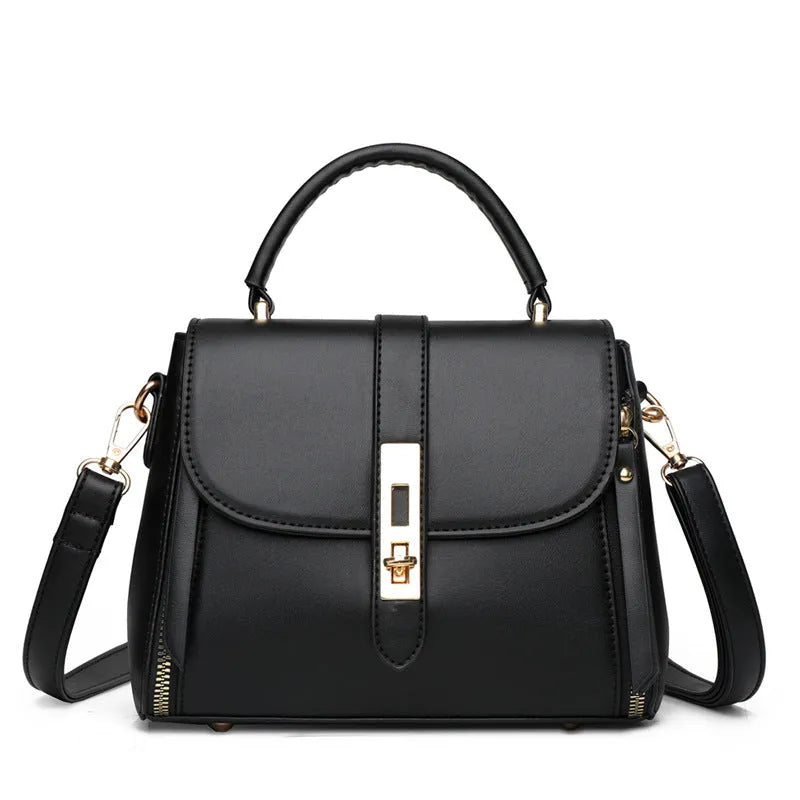 Women's soft black PU leather messenger bag with adjustable strap shown front-on.