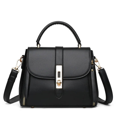 Women's soft black PU leather messenger bag with adjustable strap shown front-on.