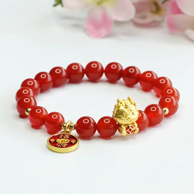 Red agate zodiac dragon bracelet with 8mm Chinese style beads