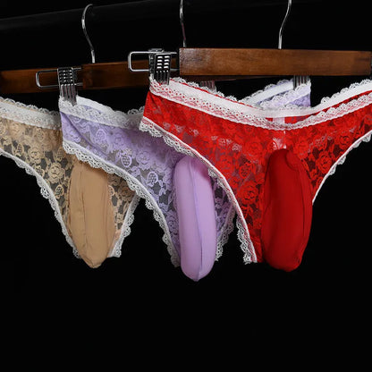 Men's lace triangle underwear with vertical pouch design in red colour on a mannequin.
