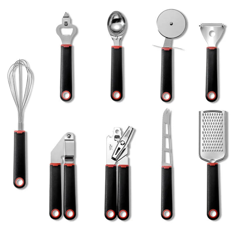 Nine-piece kitchen utensil set with stainless steel heads and plastic handles in four colour variations