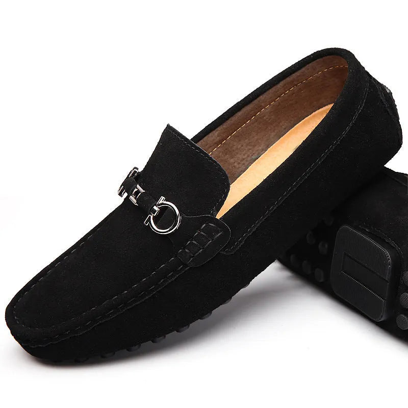 Men's black cowhide slip-on leather shoes with a square toe and flat stiletto heel.