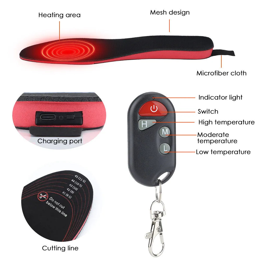 Rechargeable heated boot insoles with remote control and cable, shown on a white background.