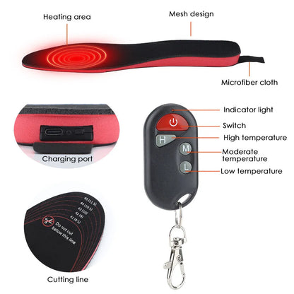 Rechargeable heated boot insoles with remote control and cable, shown on a white background.