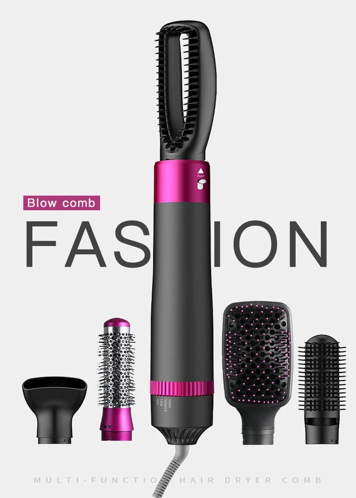 Gray 5-in-1 hot air comb curler hair dryer with styling comb and temperature adjustment buttons