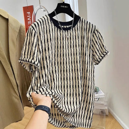 Black striped men's loose-fit short-sleeve casual shirt made from silk and linen blend fabric