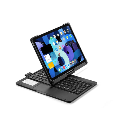 Rotating Bluetooth keyboard with touch backlight for iPad in black, rose gold, or silver colours