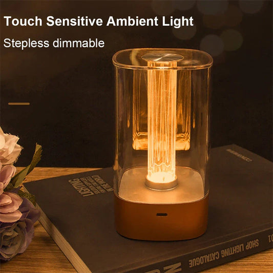 Elegant touch-controlled bedside lamp with soft, warm lighting, unique lamp post design, and wireless USB charging