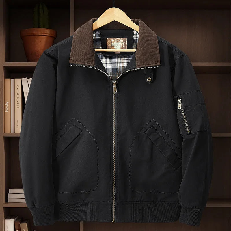 Men's plus-size washed cotton baseball flight jacket in camel, black, army green, or beige.