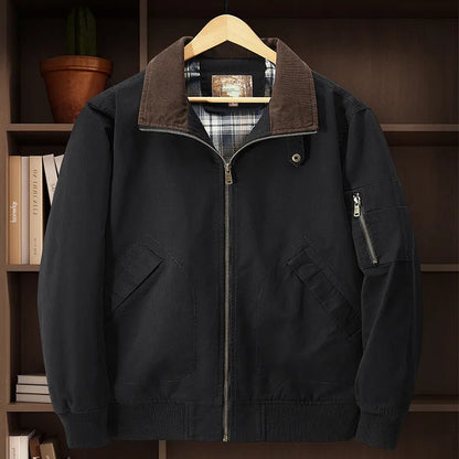 Men's plus-size washed cotton baseball flight jacket in camel, black, army green, or beige.
