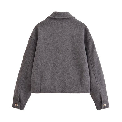 Grey PU women's short jacket with shirt collar, zip front and patchwork splicing, 50cm length