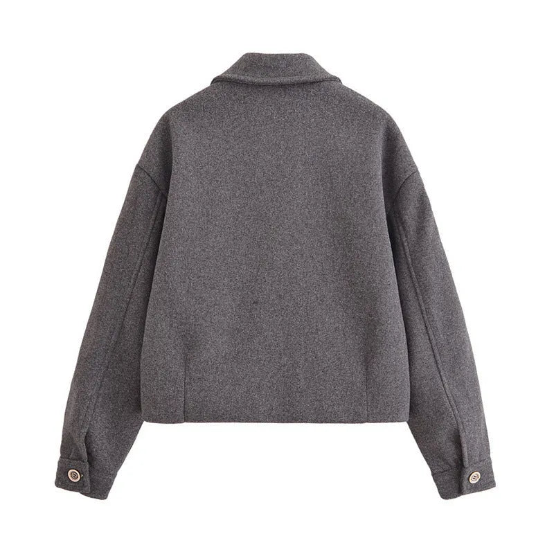 PU Shirt-Collar Short Jacket for Women with Zip Front Patchwork Splicing Long Sleeve Regular Fit 50cm Length Grey Casual Japanese Korean Style Sizes XS S M L