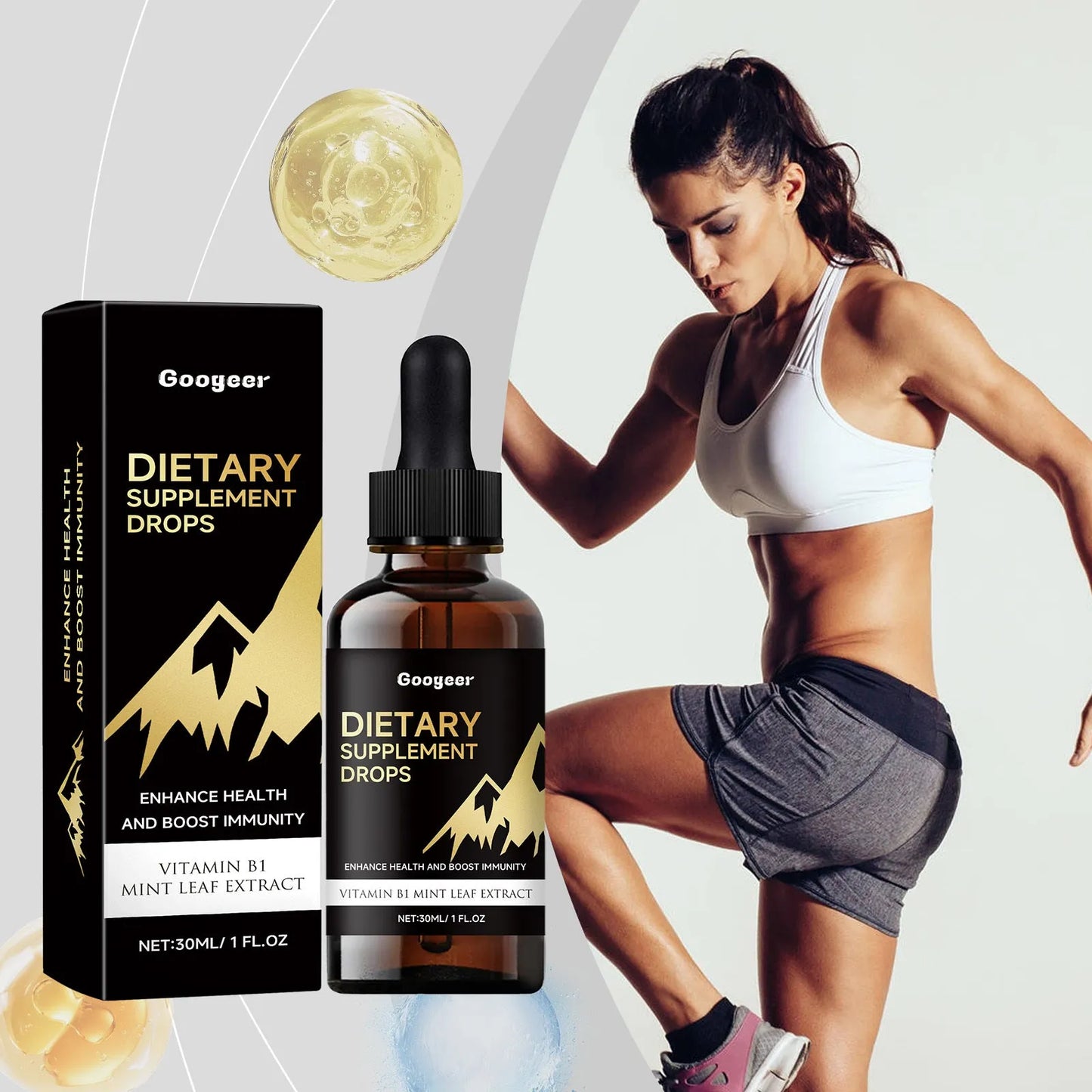 Liquid dietary supplement drops bottle with measurement dropper for precise dosage control
