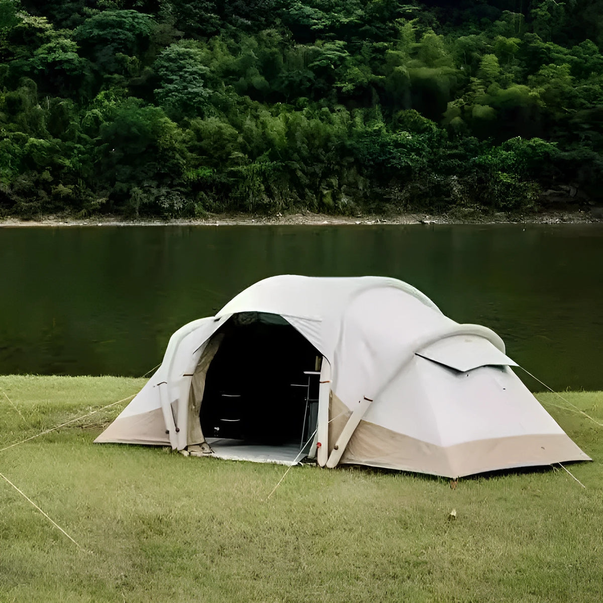 Inflatable four-person camping tent with one bedroom, one living room, rainfly and hand pump