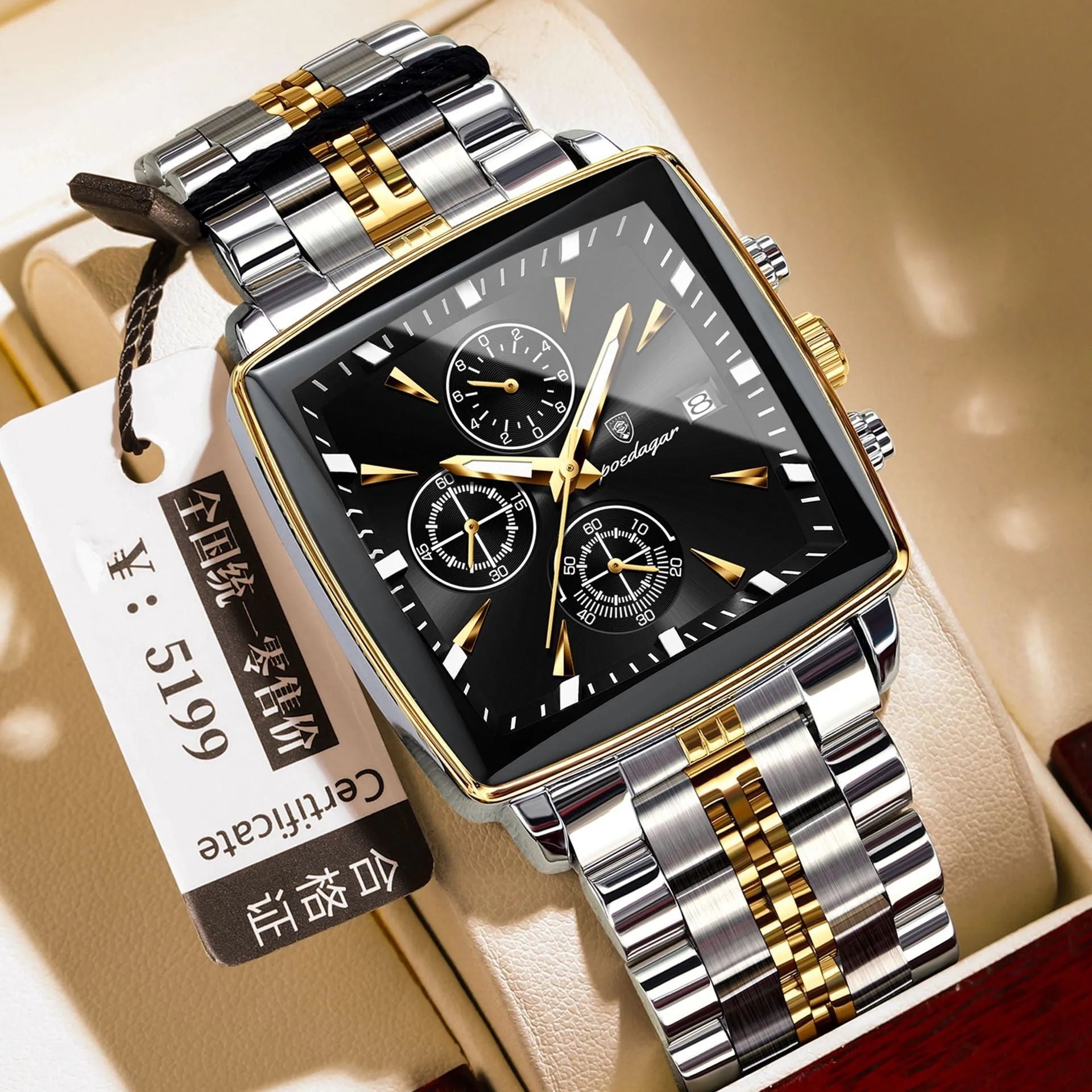 Square men's business watch with stainless steel strap and alloy case in a gold and blue colour variant.
