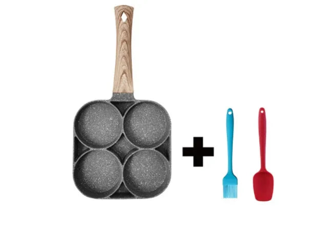Four-hole aluminium frying pan with medical stone non-stick coating and bakelite handle on a hob