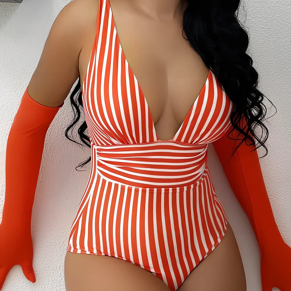 Women's striped one-piece swimsuit in polyester-spandex blend with four colour options and size variations