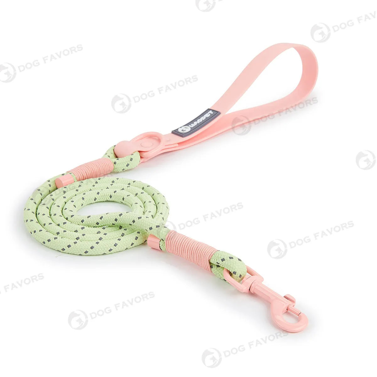 Solid colour PVC dog hand holding rope leash in dark red purple yellow showing collar attachment.