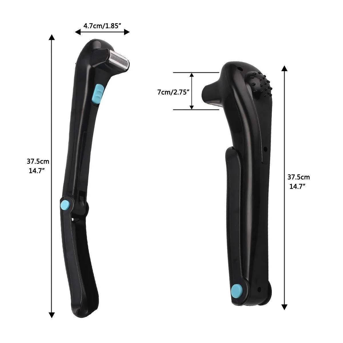 Black folding body electric shaver with battery compartment visible